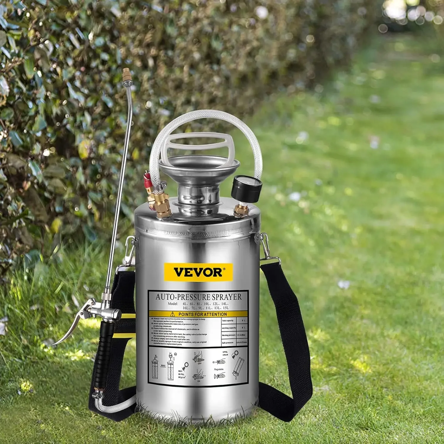 

1.5 Gallon Stainless Steel Sprayer, 16" Wand&3.3FT Reinforced Hose, Hand Pump Sprayer with Pressure Gauge, Safety Valve&