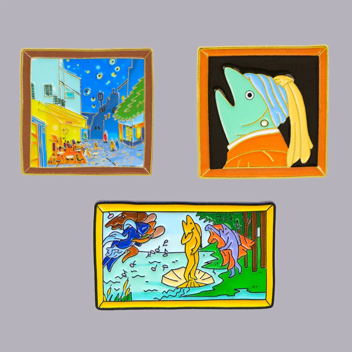 Cute Art Painting Parody Fish Enamel Pin Van Gogh Starry Night Badges on Backpack Brooch Lapel Pins Jewelry Accessories Gifts
