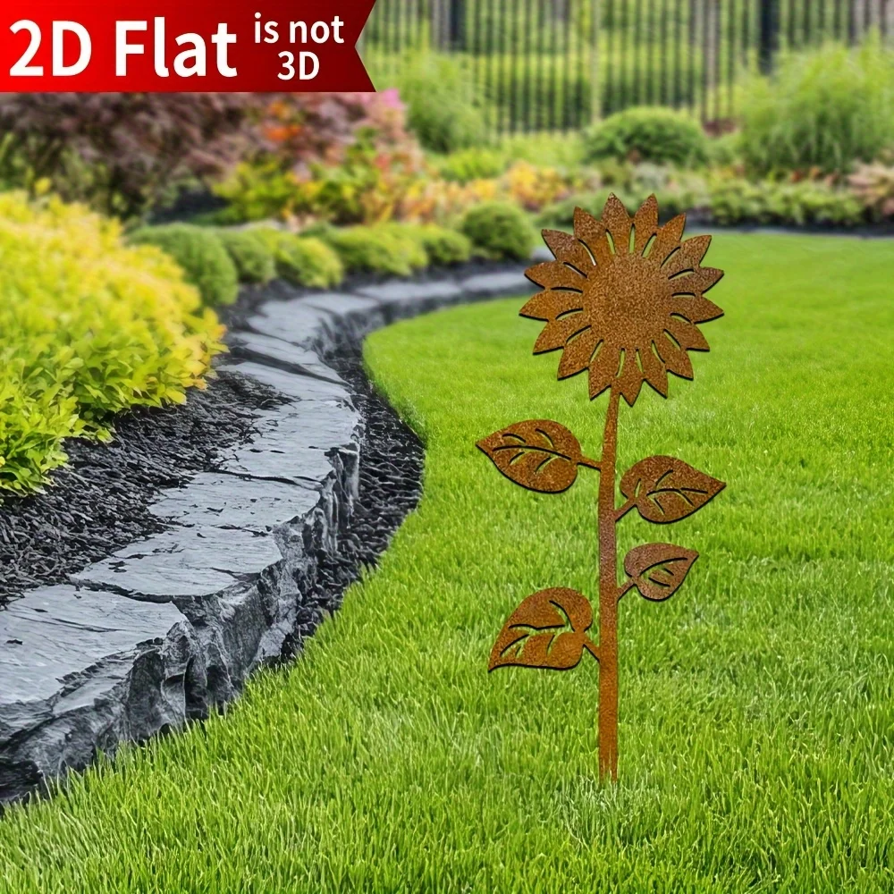 2Pcs Sunflower Metal Garden Columns, 2D Flat Plant and Flower Iron Art Decorations, Suitable for Courtyard, Terrace, Potted Plants, Fences, Outdoor Lawn Decoration, Halloween, Independence Day, and Father's Day Garden Decorations