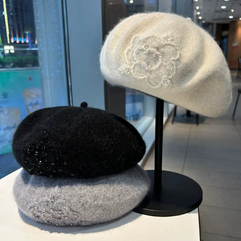 

Двухслойный вязаный берет из кроличьего меха для женщин — теплая зимняя и осенняя кепка-новинка для активного отдыха