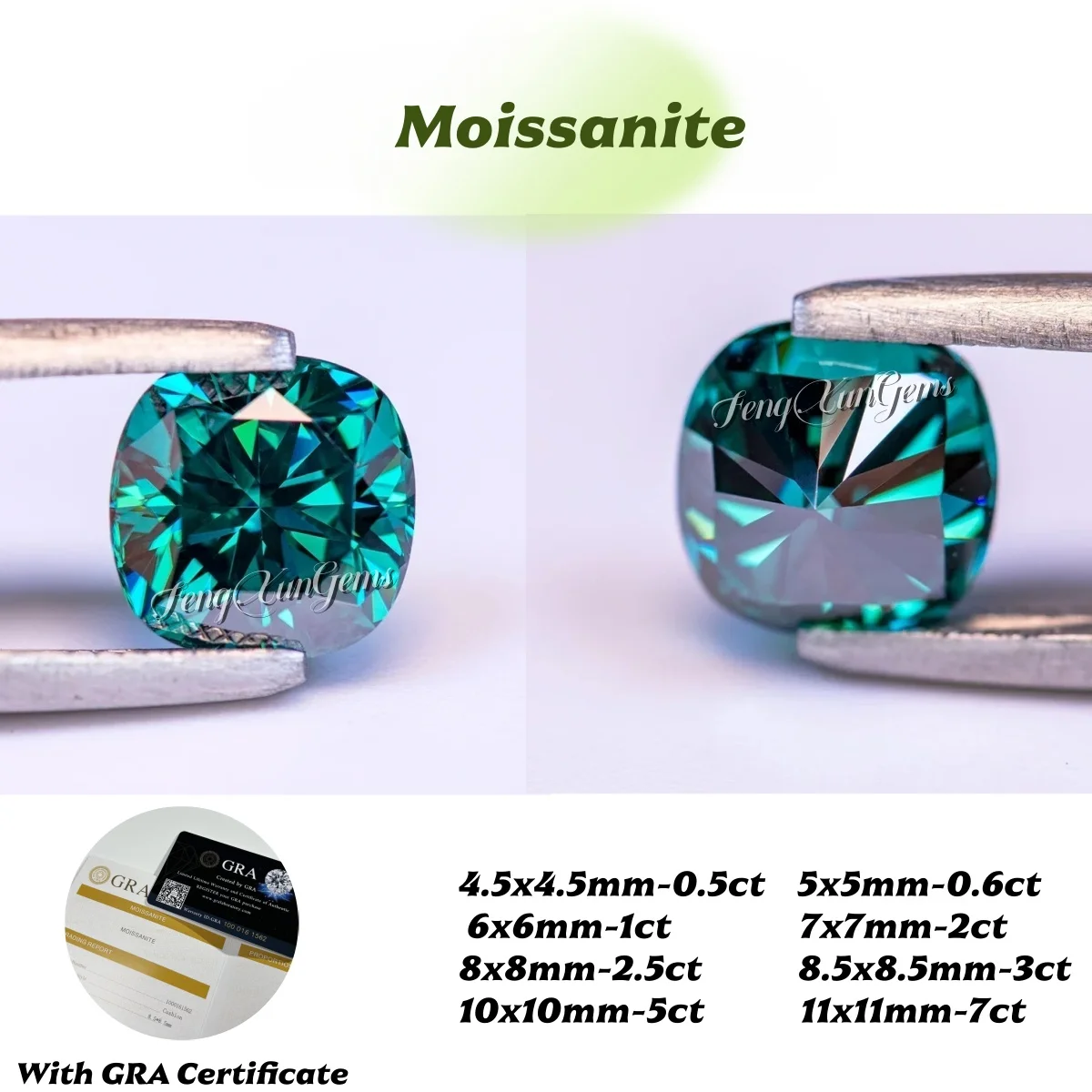 

Cushion Cut Fine Emerald Color Loose Moissanite Gems For Choose 0.5~7ct With GRA Certificate Clarity VVS1 For Accessories Making