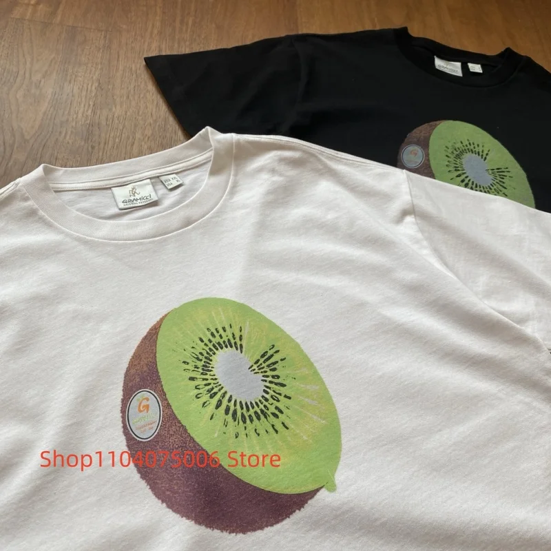 Summer Loose Fit Men T-Shirt Gramicci Fresh Kiwi Fruit Print Solid Color Casual Oversized Cotton Tees