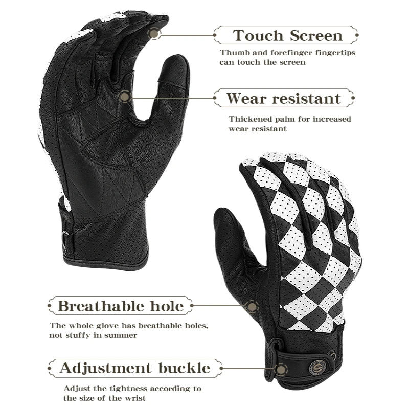 Star Field Knight Black&White Motorcycle Gloves Retro Riding Gears Summer Breathable Real Goat Leather Non-slip Wear-resistant