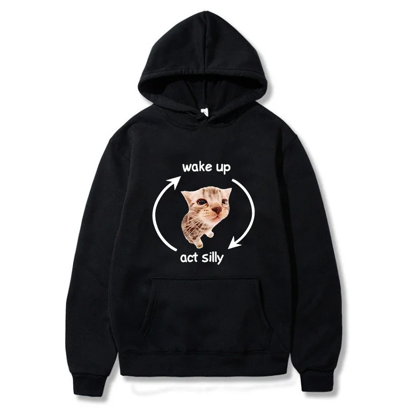 Wake Up Act Silly Meme Graphic New Men's Hoodies Funny Cute Cat Printing Casual Sweatshirt Men Women Oversized Pullovers Hoody