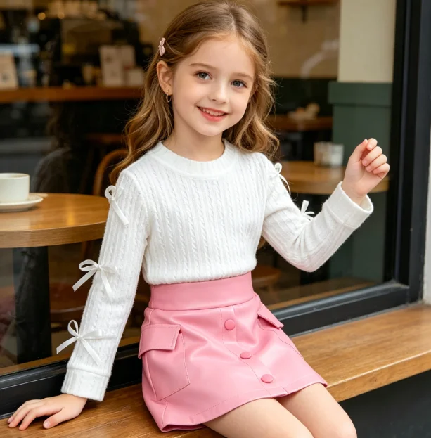 Girls Suit 2026 Spring and Autumn New Childrens Wear Baby Girl Temperament Foreign Style Bow Jacket Leather Skirt Two-piece Set
