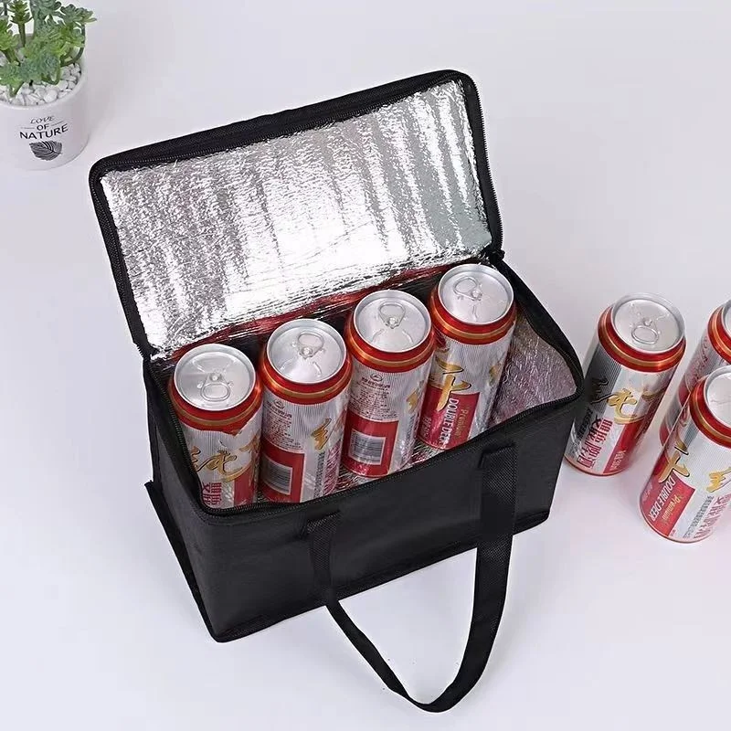 Bolsa de almuerzo aislada Bento, bolsa térmica de gran capacidad tejida, negra, reutilizable, para Picnic al aire libre, bolsa de hielo portátil