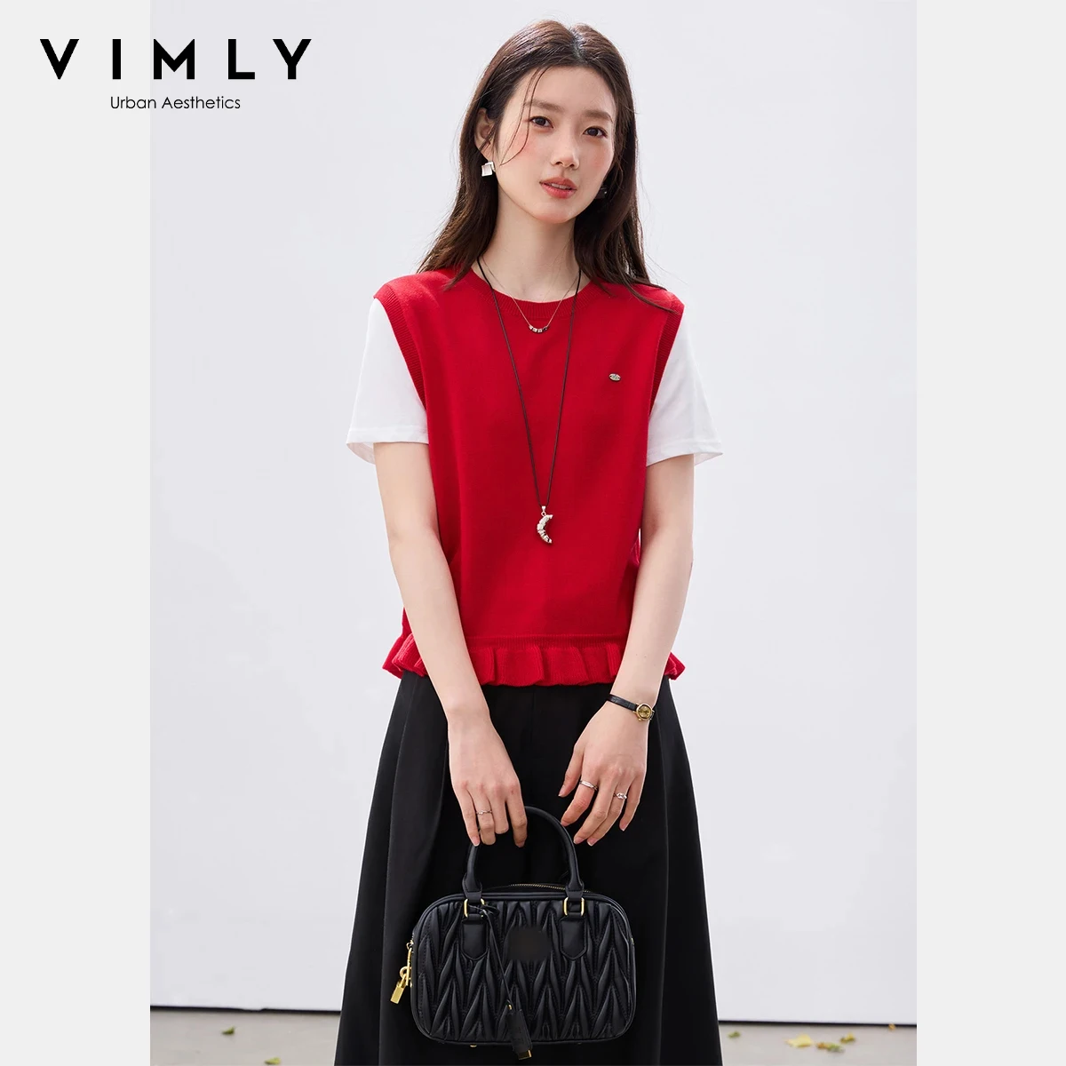 

VIMLY Women's Faux Two-Piece Knit T-shirt 2026 Summer New Contrast Ruffle Hem DetachablePendant Detail Short Sleeve Top 30719