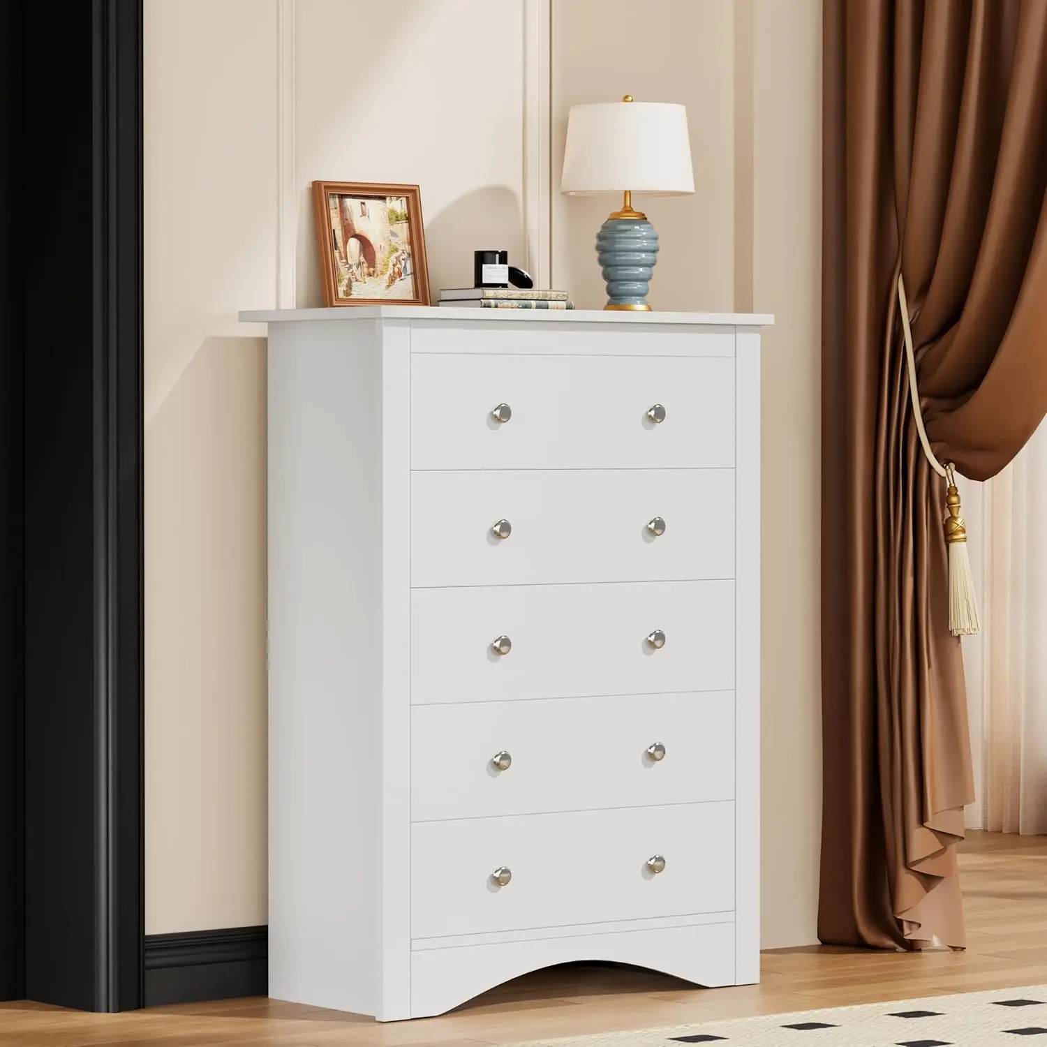 ตู้เสื้อผ้าทรงสูงสำหรับห้องนอน 5 ลิ้นชัก, ตู้ลิ้นชักทันสมัย, ตู้เสื้อผ้าไม้, ชั้นวางทีวีสำหรับห้องนั่งเล่น, ตู้เสื้อผ้า, ทางเดิน (สีขาว)