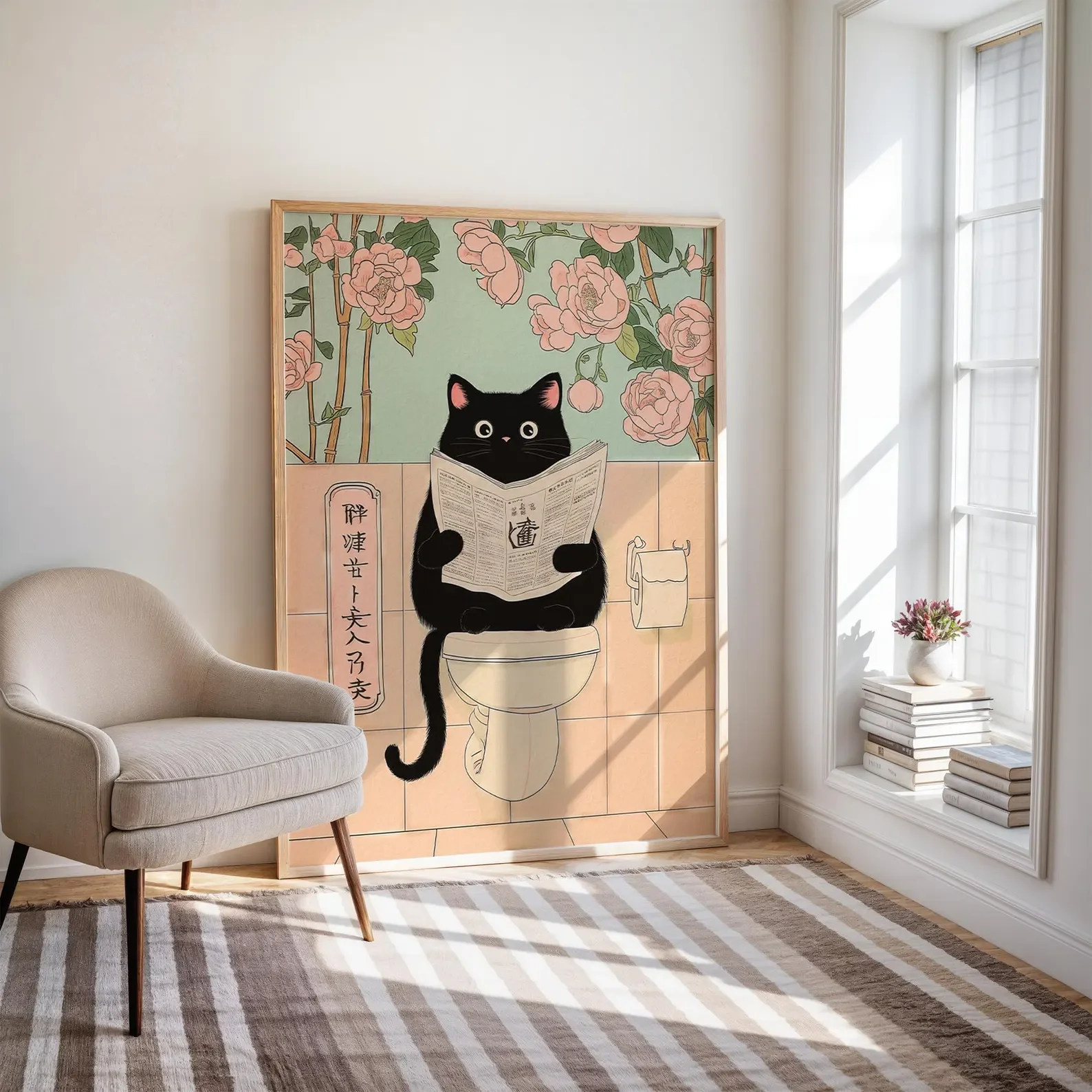 Japanese Black Cat on a toilet, Funny bathroom print, Toilet poster, Japan cat Pooping wall art, Neutral print, Unique Cat Lover