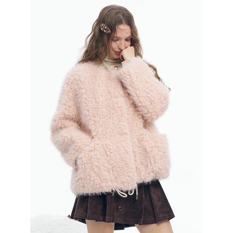 

ELFSACK 2025 Winter New Arrivals Y2K Casual Solid Single Breasted Round Neck Plush Coat For Women