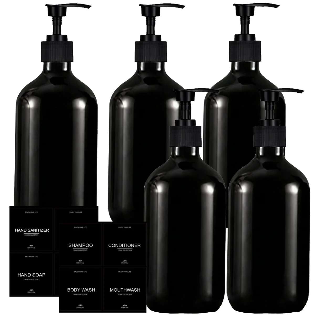 Shower Soap Dispenser Set Glossy Black Refillable Shampoo and Conditioner Body Wash Dispenser with Waterproof Labels Bathroom