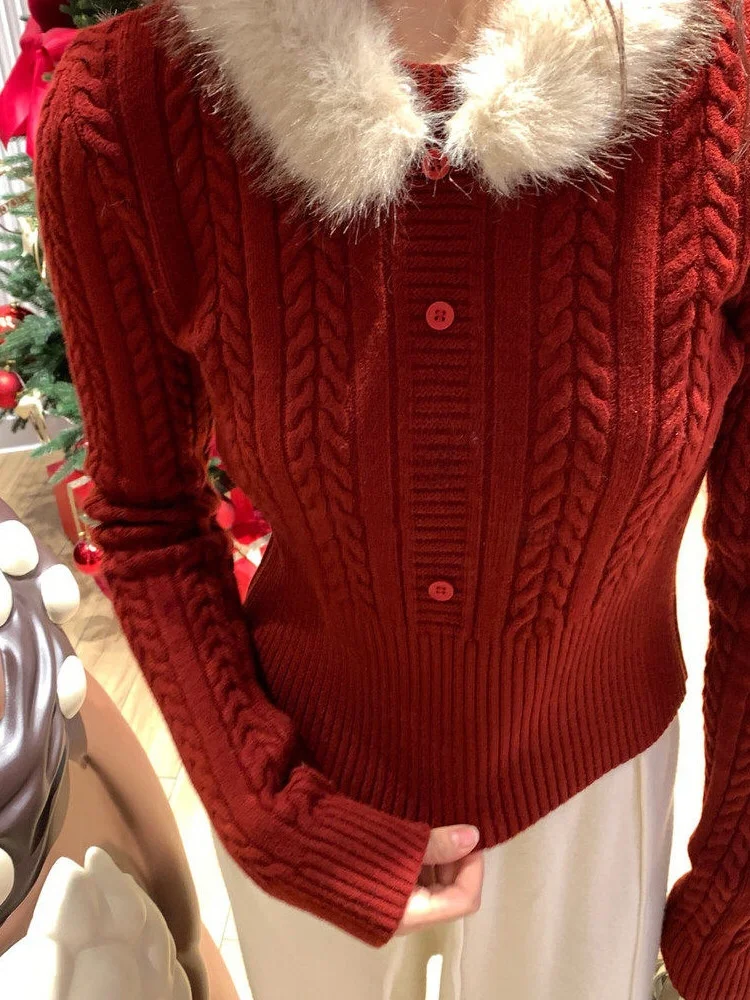 Red Fur Collar Spliced Long Sve Knitted Sweater Women's Slim Fit Cisas Top New Year's New Outfit Korean Sle Commute