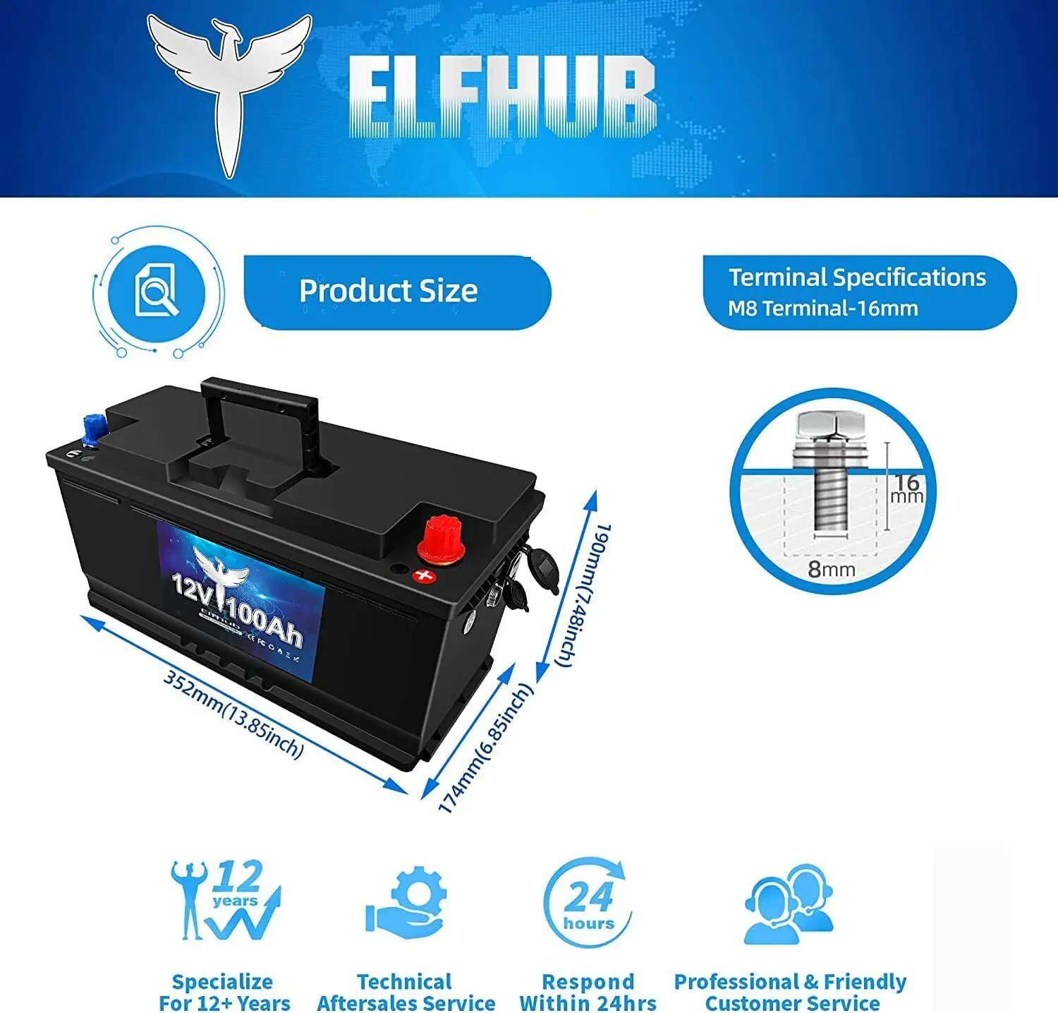 Elfhub 12V 100ah Lifepo4-batterij 1280wh Ingebouwde Bms Lithium-Ijzerfosfaatcelpakket Voor Zonne-Rv Marine Off-Grid Vrij Vat