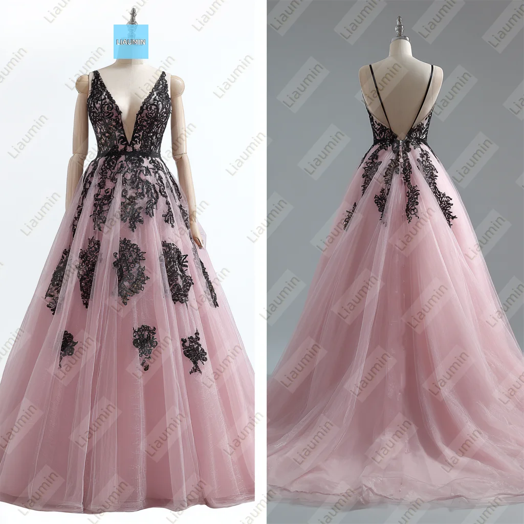 

Pink Tulle Deep V Neck Black Lace Applique With Train Evening Prom Wedding Formal Dress Lace-Up Back Customized Made A7-1.23