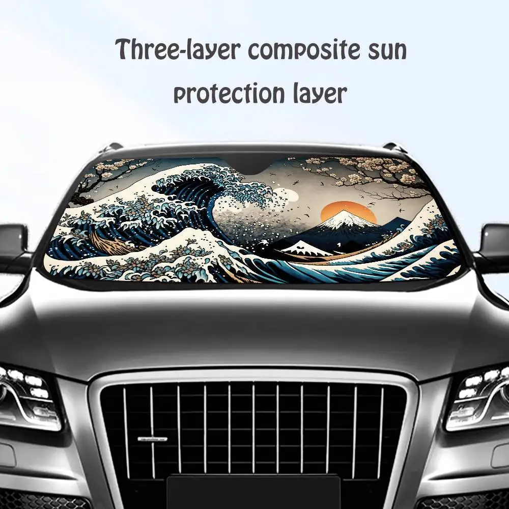 

Kanagawa Wave Graphic Car SunShade Windshield Sun Shade Personalized Picture Block UV Rays Visor Protector