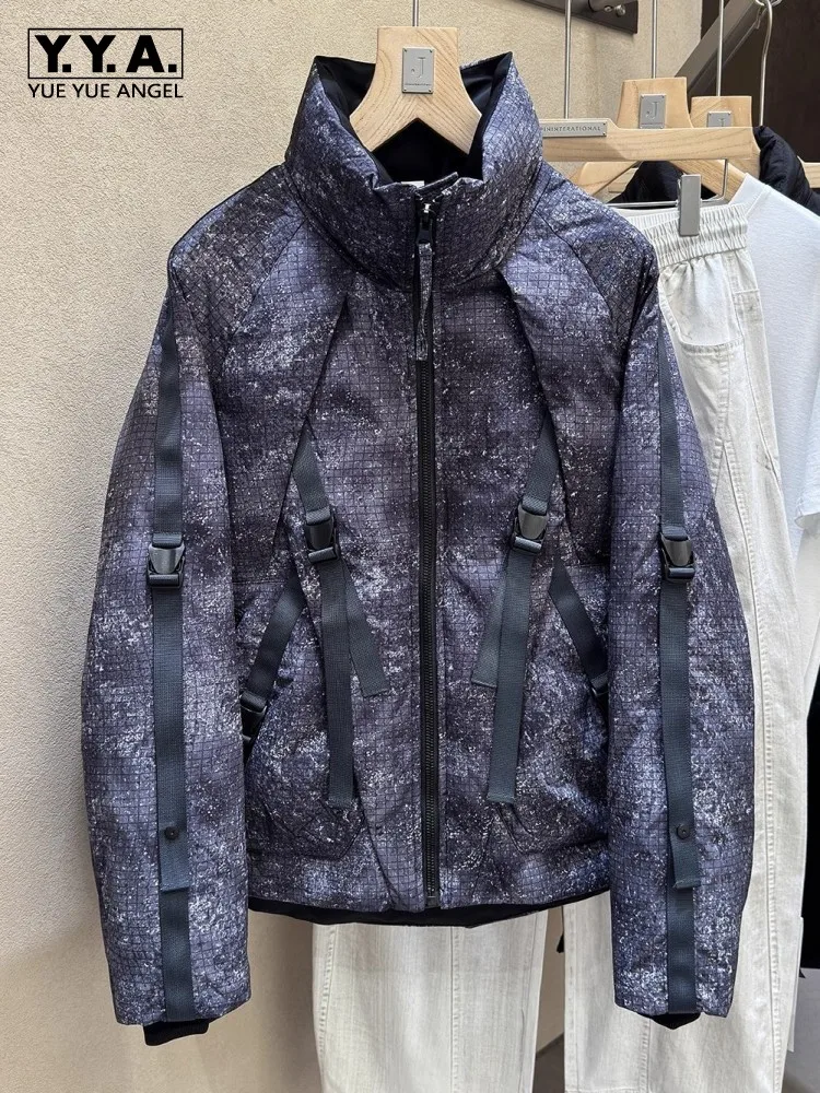 Personality Mens Down Coat Stand Collar Loose Fit Winter Warm Casual Outerwear Hip Hop Streetwewar Fashion Printed Plaid Jacket