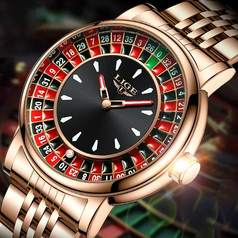 

LIGE Creative Luxury Mens Watches Roulette Game Dial Fashion Mens Watch Waterproof Luminous Quartz Wristwatches Rolling Ball