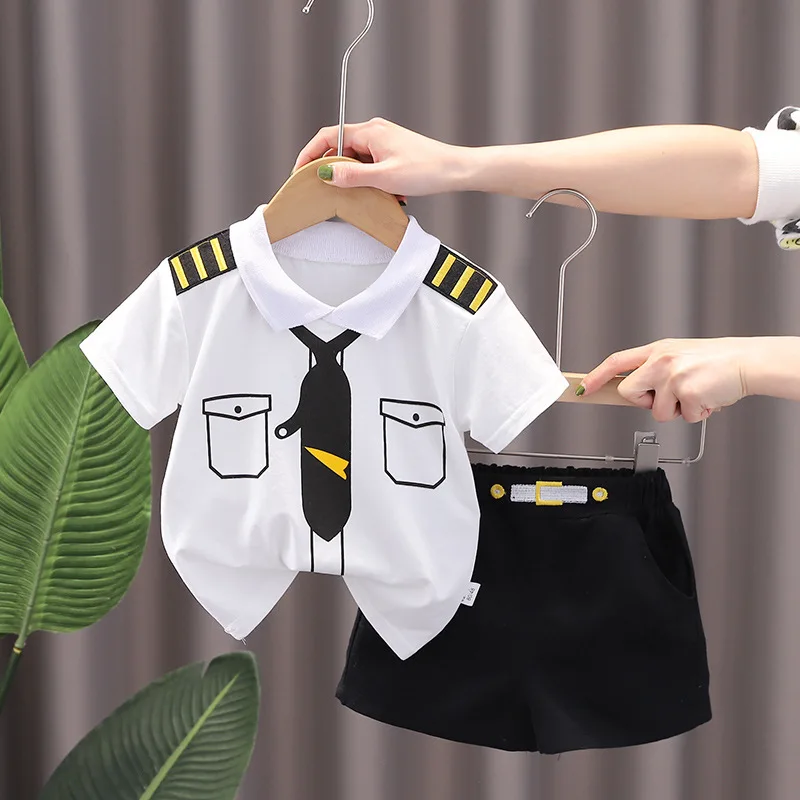 Kids Boys Clothing Sets Summer New Style Brand Baby Boys Short Sleeve Pilot Shirt+Pant 2Pcs Children Clothes Suits 12M-5Y