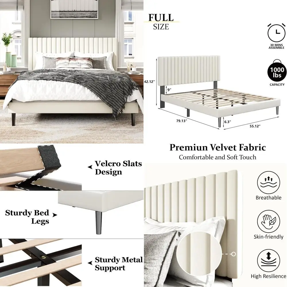 

Velvet-Tufted Headboard Full Size Bed Frame with Sturdy Wooden Slat Support and Optional Box Spring Mattress Base