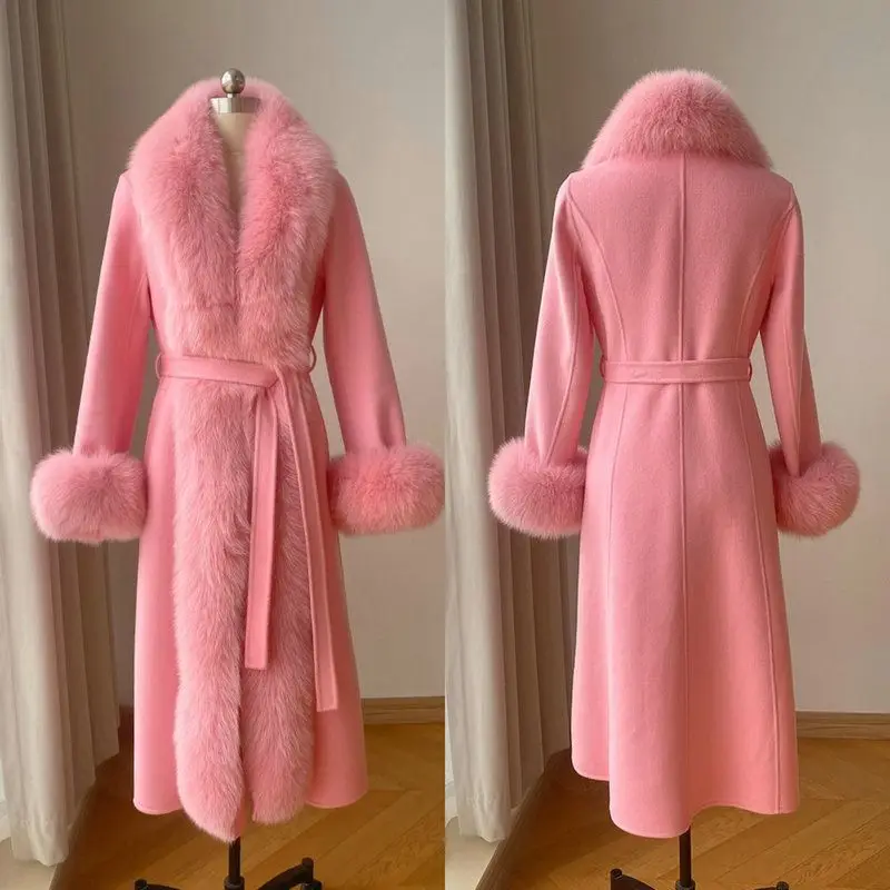 2023 Winter Women New Cashmere Coat Anti Fox Collar Fabric Plus Cotton Mid Length Coat Celebrity High Large Collar Faux Fur