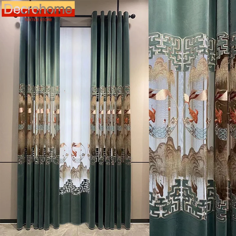 

Chinese Style Embroidery Hollowed Out Flannelette Splicing Curtains for Living Room Bedroom French Window Study Customization