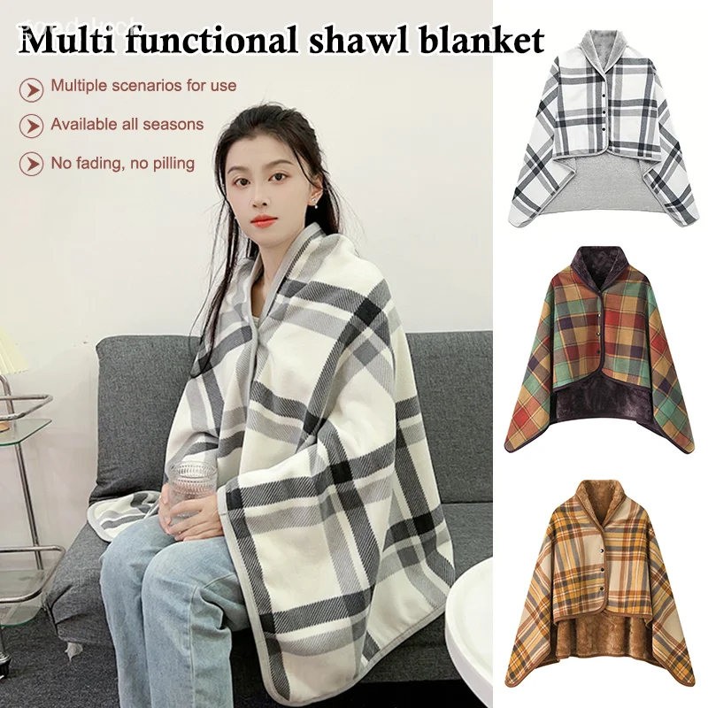 Bedroom Office Air Conditioning Blanket Wearable Plaid Fleece Blanket With Button Winte Warm Throws On Sofa Bed Travel Thicken