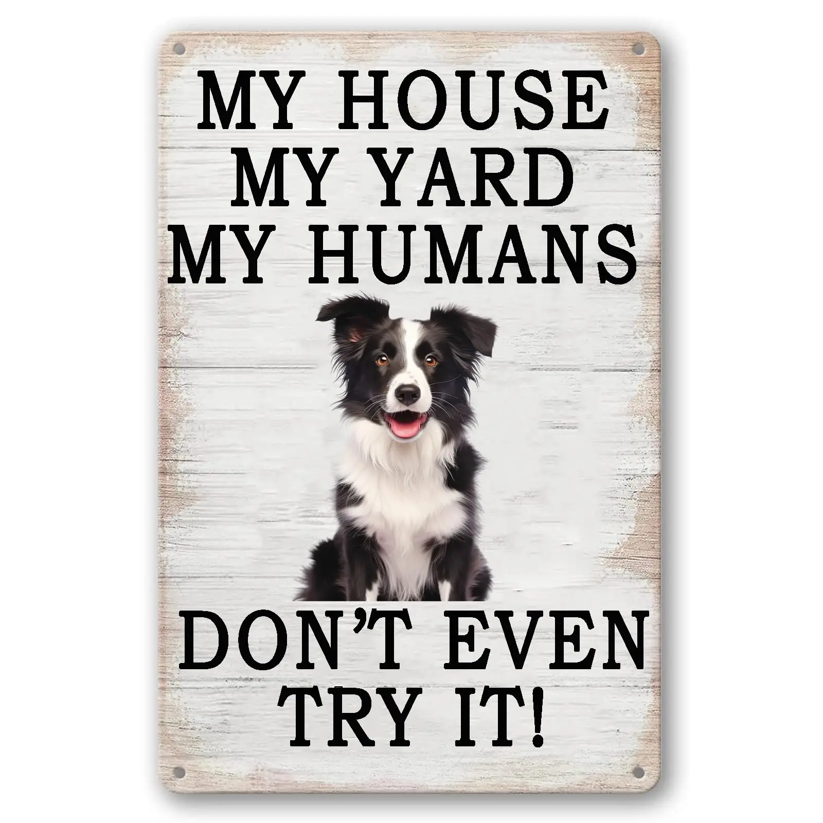 Funny Dog Tin Signs - My House My Yard My Humans Don't Even Try It - Retro Dog Poster Tin Plaque Border collie Wall Decorati