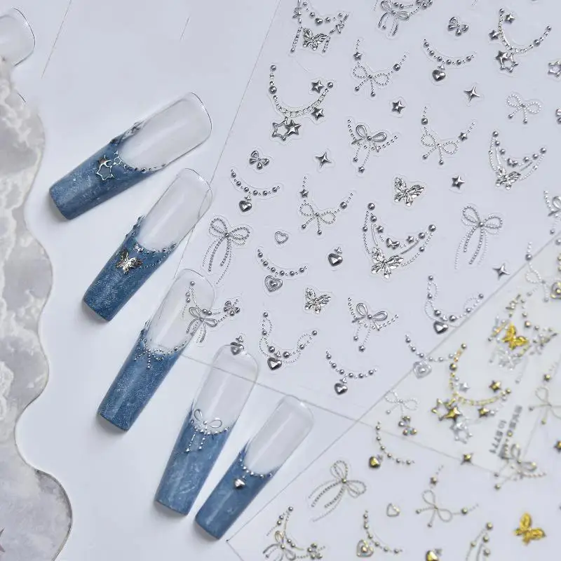 1 Sheet Silver Gold Stamping Nail Art Stickers Bowknot Butterfly Necklace Pattern Easy Apply Decals for Home Salon Manicure