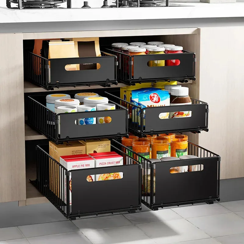 1-4pcs Pull-Out Cabinet Organizer for Kitchen Under-Sink Spice and Snack Storage Sliding Basket Drawer Space-Saving Rack