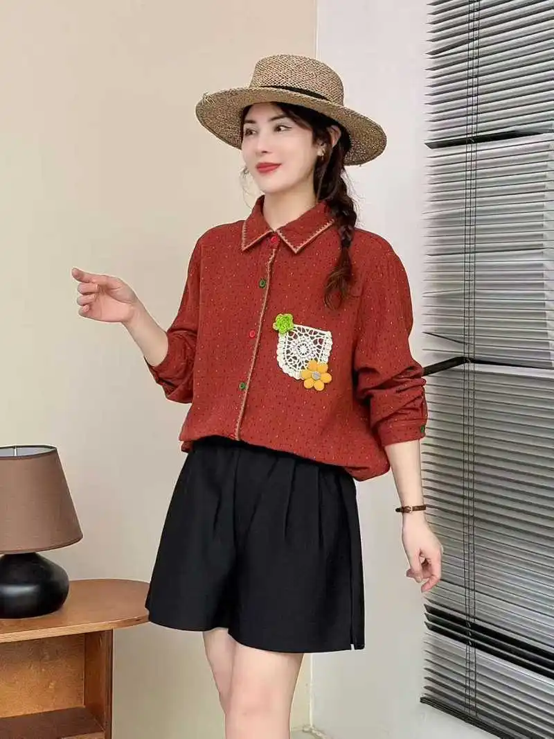 جديد 2025 خريف غزل القطن قميص طويل الأكمام ، المرأة بدوره إلى أسفل طوق التطريز جيب ، موري فتاة ريترو OL بلوزة فضفاضة T5O754CC #3