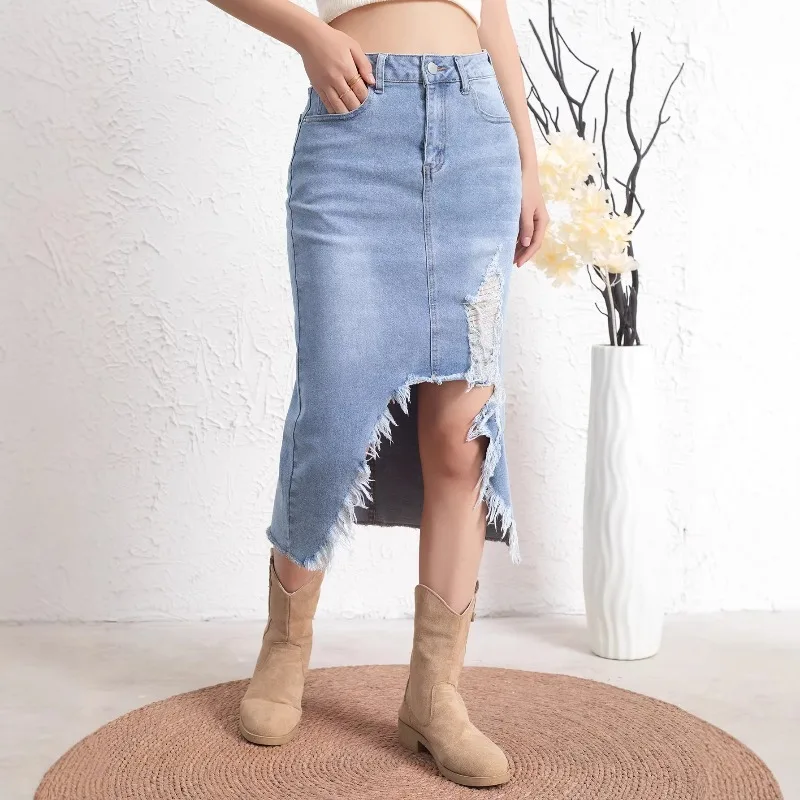 Ripped Destroyed Denim Skirts Women High Waist Slim Fit Bodycon Hips Pencil Long Skirt Elegant Plus Size S-5XL Faldas Mujer Moda