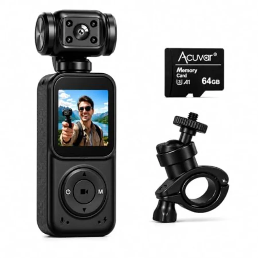 

Mini 4K Pocket Camera for vlogging, aluminum alloy body, black, portable with WiFi, face tracking, 270 rotation, includes 64GB