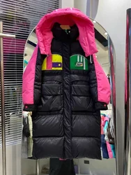 Mid-Length Down Jacket Winter High-Quality Thicken Loose Color Blocked Detachable Hat Trendy Warm White Duck Puffer Coat Women