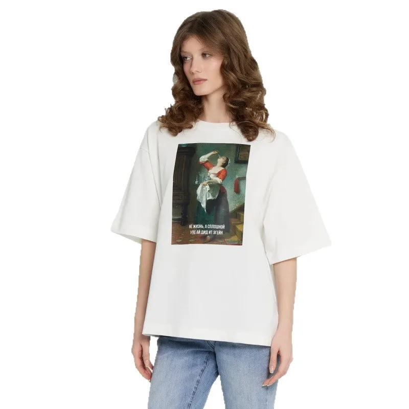 Loose Printed Cotton T-irt Faionable Casual Top Women's Summer ort Sve round Ne Creative Character Design