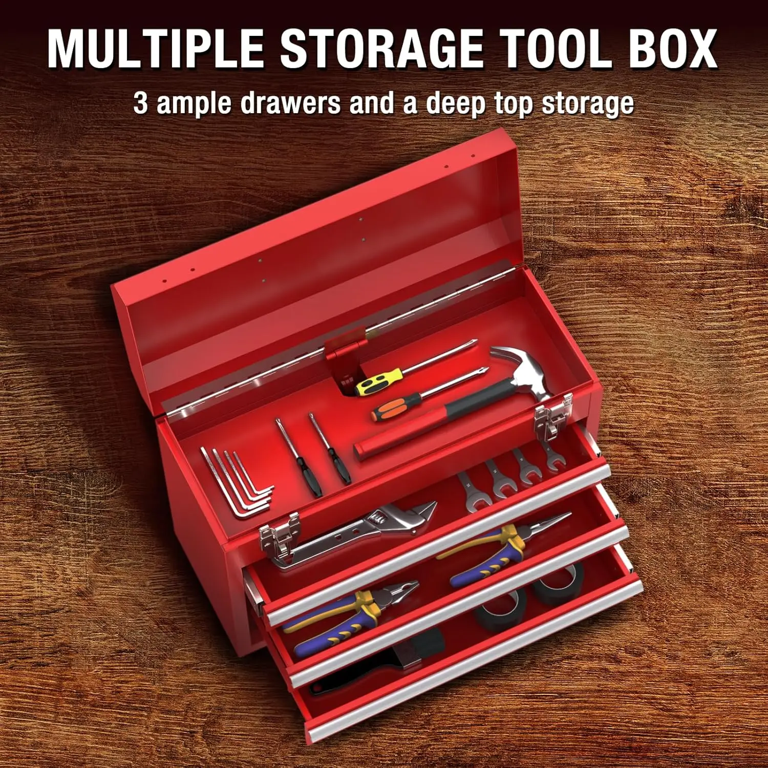 Portable Metal Tool Box，3-Drawer Steel Organization Micro Tool Chest for Household, Warehouse, Repair Shop, Red