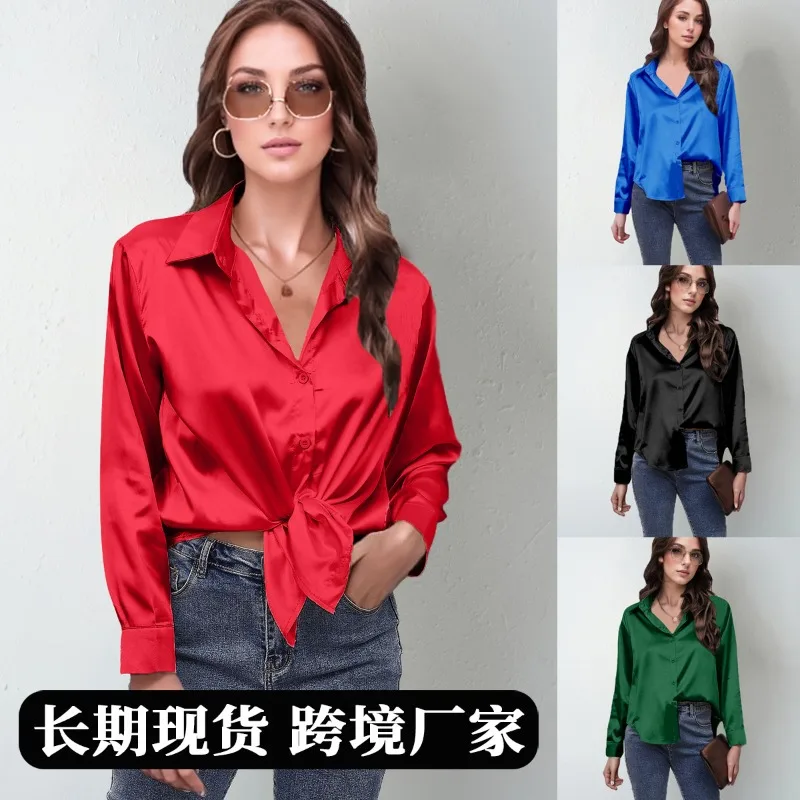 

2025 Summer New Color Satin Shirt Women's Imitation Silk Long Sleeve Shirt Top European and American Women's Clothing