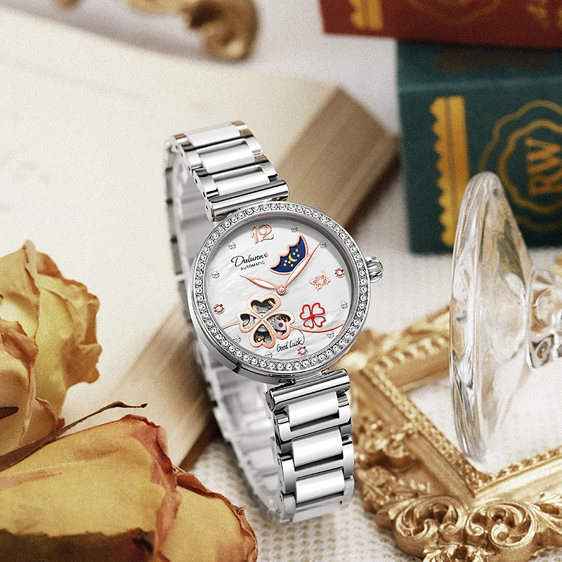 ساعة Dulunwe ميكانيكية أوتوماتيكية بالكامل مقاومة للماء للنساء، ساعة عصرية للشمس والقمر والنجوم متعددة الوظائف #4