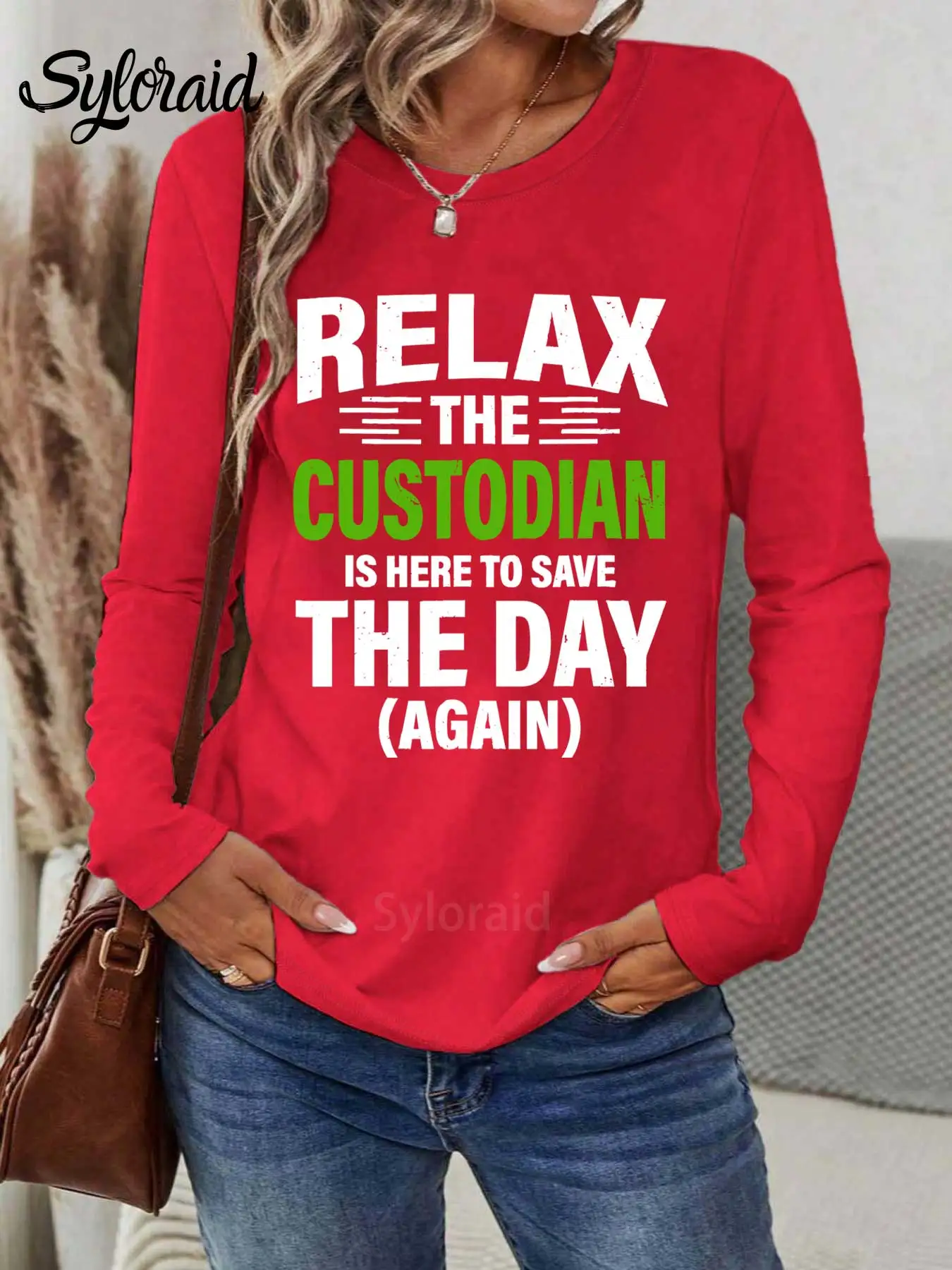 レディース長袖Tシャツ カストディアン・イズ・ヒア セーブ・ザ・デイTシャツ ジャニター クリーニングシャツ ファッション ラウンドネック カジュアルトップ