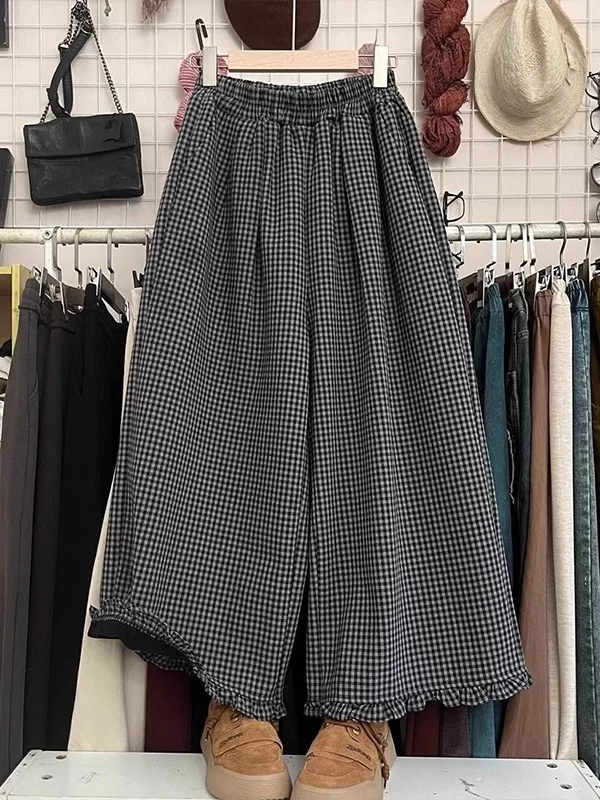 

plus Size 300 Pou Japanese Sle Retro Elastic Waist Pleated Wide Leg Pants Men Women Summer Loose Plaid Casual Pants