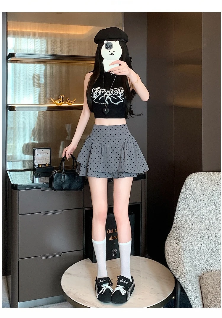 Koreanischer Stil Damen Polka Dot Minirock Hohe Taille Rüschen A-Linie Lässiger Pendler-Kurzrock mit Innenfutter – Detail 4