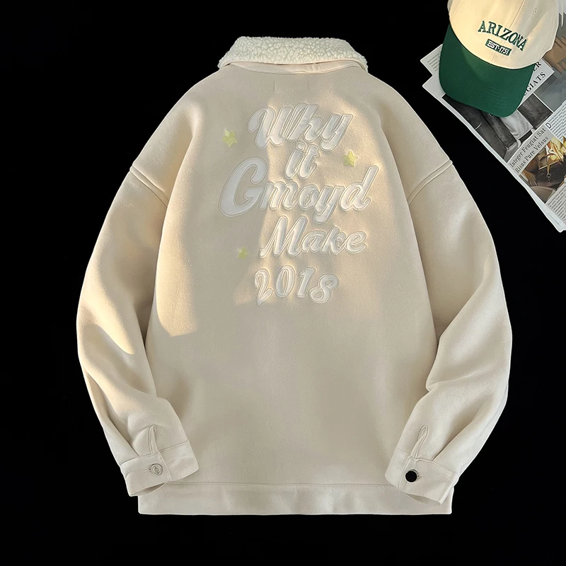 

Мужская зимняя утепленная куртка с подкладкой из овечьей шерсти, с вышивкой, повседневная теплая куртка для подростков, на хлопковой подкладке