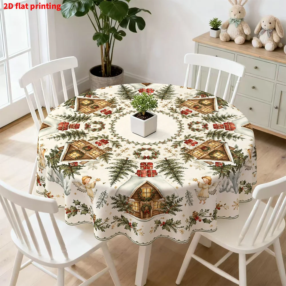 Pack of 1, 2D flat print round tablecloth, Christmas themed snow hut and angel print tablecloth