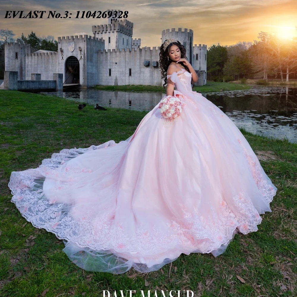 EVLAST Maßgeschneidertes Prinzessin errötendes rosa Quinceanera-Kleid, Ballkleid, Spitze, Perlenstickerei, Schleife, Sweet 16, Vestido De 15 Anos E3Q371