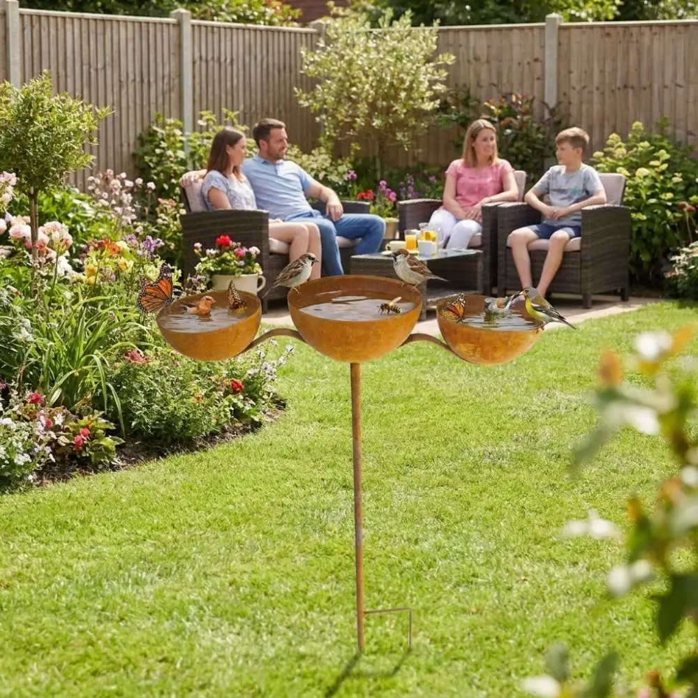Bird Food Container Rotatable 3-Tiered Bird Bath Rusted Metal Garden Rain Catcher Decorative Vintage Iron Birdbath Stand Patio