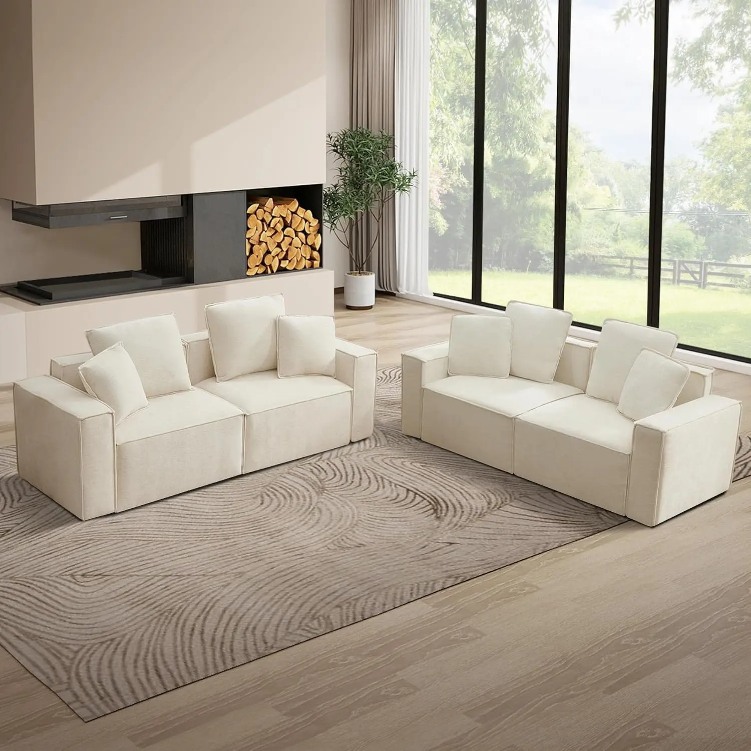 Chenille Modular Sectional Sofa With Wide Armrests & 8 Pillows, Deep Seat 4-Seater Beige For Living Room, Customized