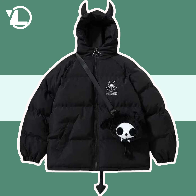 Hip Hop Parkas Men High Street Devil Horns Wing Tail Designer Hooded Padded Jackets Thick Warm Puffer Bubble Coats With Doll