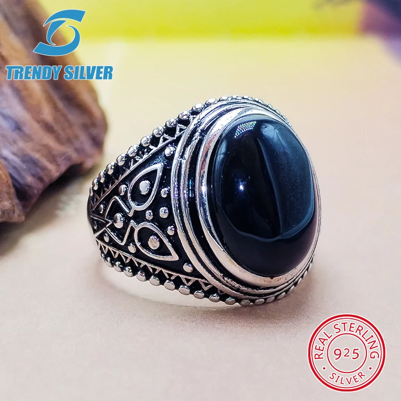 luxury Mens Man rings real 925 sterling silver certified original jewelry for men natural gemstone black onyx stone ring male