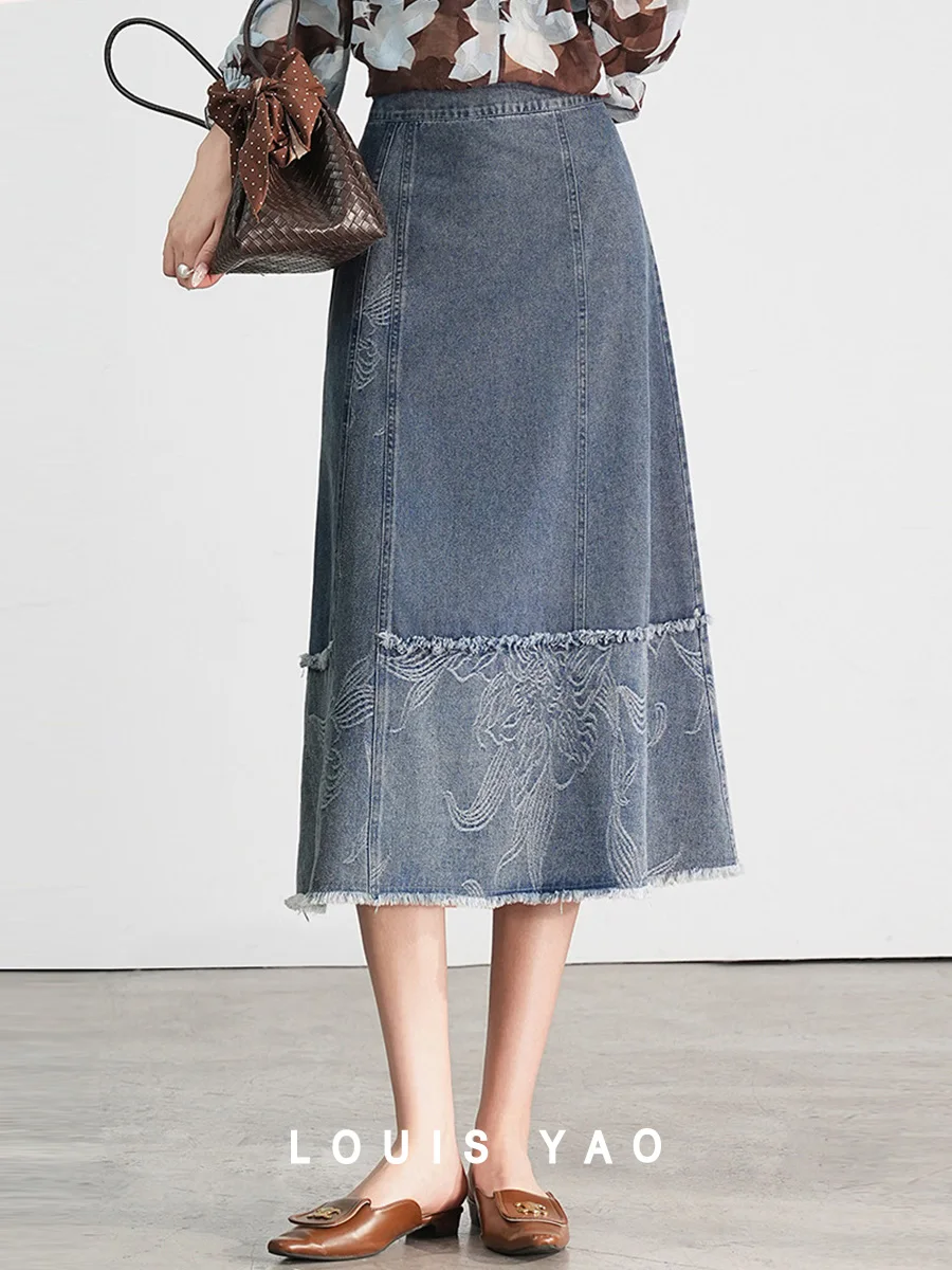 LOUIS YAO 2025 Spring Jacquard Pattern Splicing Cowboy Skirt Fashionable Half Length Skirt Edge A-line Women's Half Length Skirt