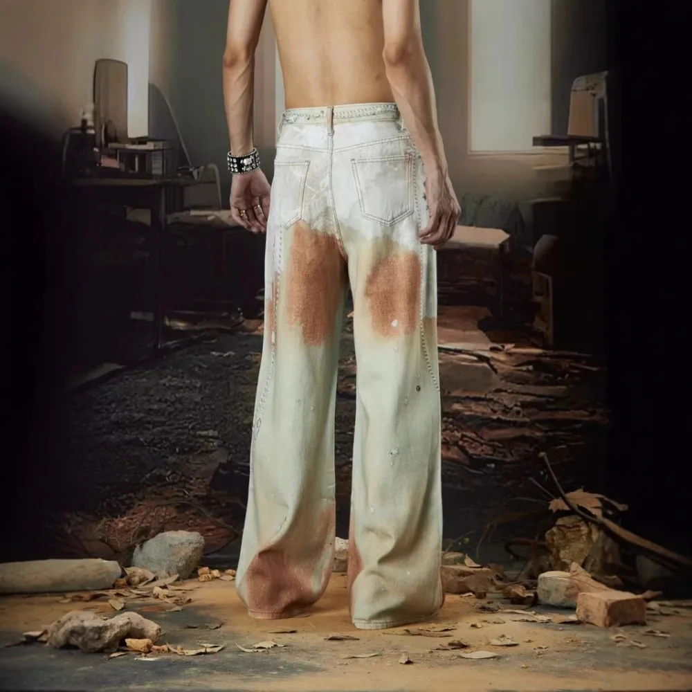 Heavy Industry Chain Printed Jeans Pants Mens Summer American Design Straight Tube Floor Pants and Women's pant