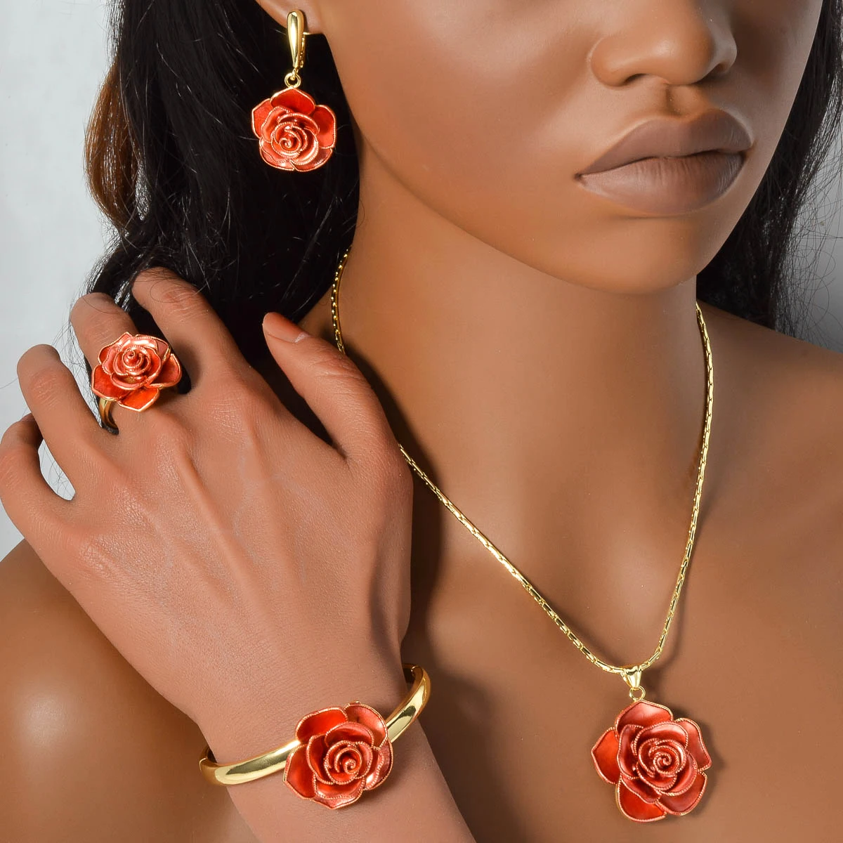 

4pcs/set Women Red Rose Jewelry Set Romantic Jewelry Suitable For Weddings Necklace Ring Bracelet Earrings Surprise Flowers Gift